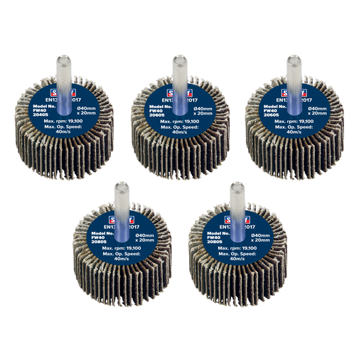 Sealey Flap Wheels, Ø40 x 20mm Ø6mm Shaft Assorted Grit - Pack of 5, FW4020ASS