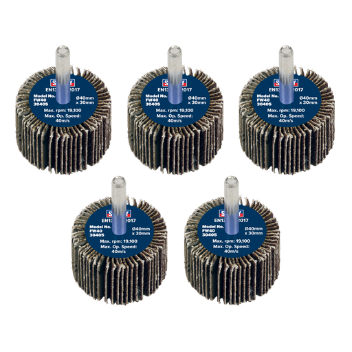 Sealey Flap Wheels, Ø40 x 30mm Ø6mm Shaft 40Grit - Pack of 5, FW4030405