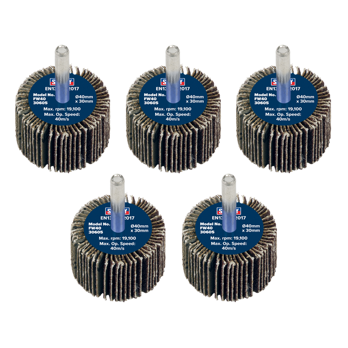 Sealey Flap Wheels, Ø40 x 30mm Ø6mm Shaft 60Grit - Pack of 5, FW4030605