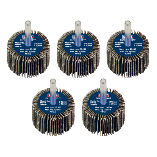 Sealey Flap Wheels, Ø40 x 30mm Ø6mm Shaft Assorted Grit- Pack of 5, FW4030ASS