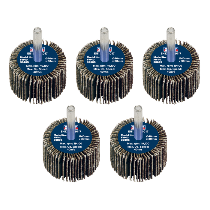 Sealey Flap Wheels, Ø40 x 30mm Ø6mm Shaft Assorted Grit- Pack of 5, FW4030ASS