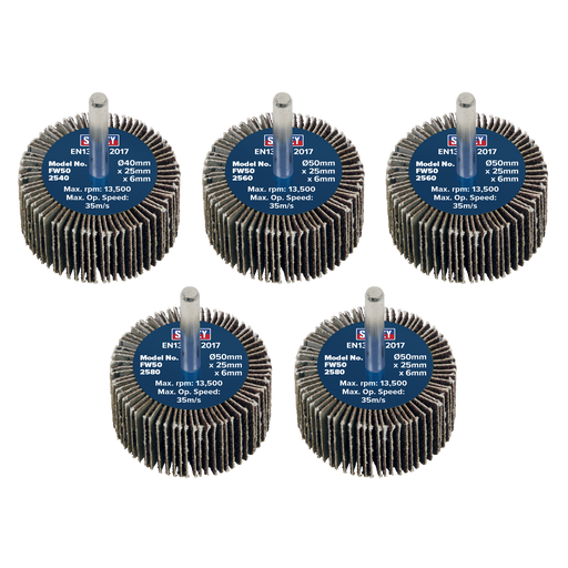 Sealey Flap Wheels, Ø50 x 25mm Ø6mm Shaft AssortedGrit - Pack of 5, FW5025ASS