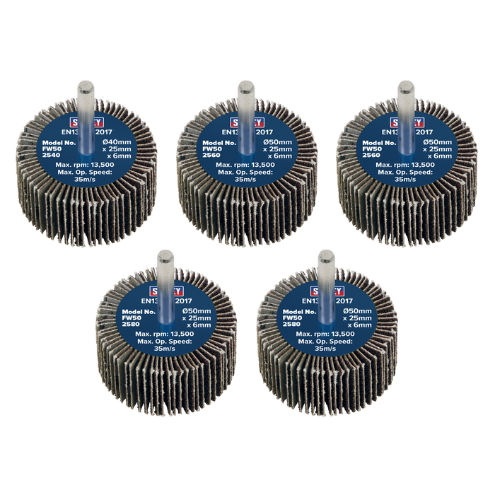 Sealey Flap Wheels, Ø50 x 25mm Ø6mm Shaft AssortedGrit - Pack of 5, FW5025ASS