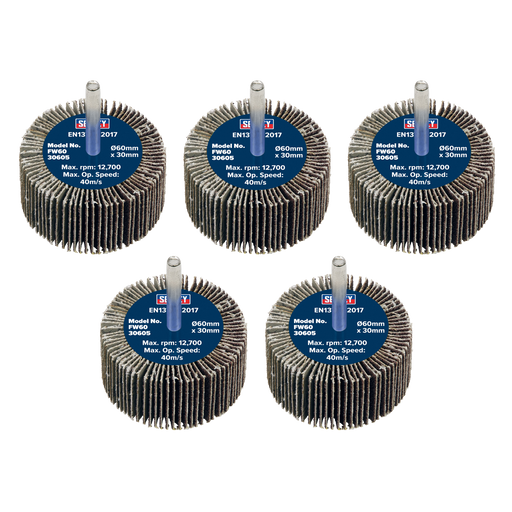 Sealey Flap Wheels, Ø60 x 30mm Ø6mm Shaft, 60Grit - Pack of 5, FW6030605