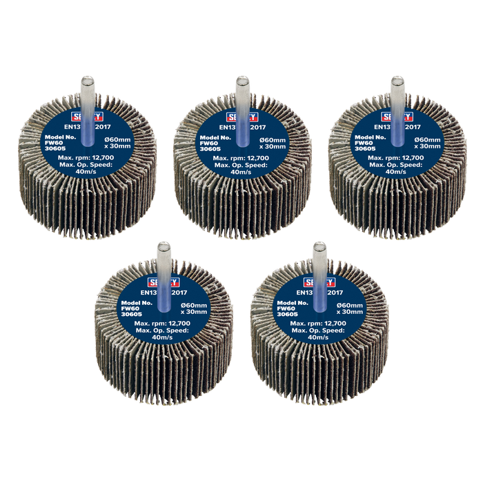 Sealey Flap Wheels, Ø60 x 30mm Ø6mm Shaft, 60Grit - Pack of 5, FW6030605