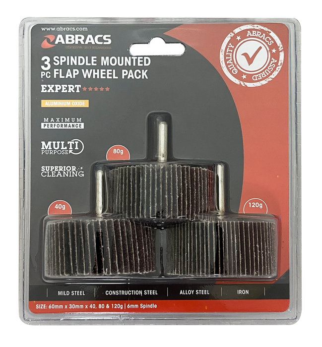Abracs 3pc Flap Wheels Pack ,60mm x 30mm x 40/80/120g - Pack of 1, FWPK360