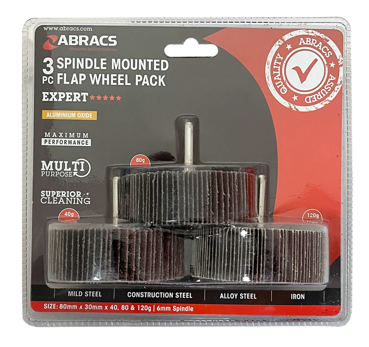 Abracs 3pc Flap Wheel Packs, 80mm x 30mm x 40/80/120g - Pack of 1, FWPK380