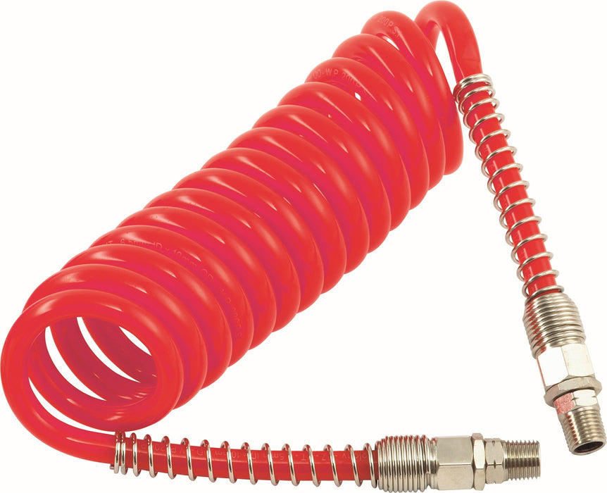 PCL HA5211 Polyurethane Coiled Hose Assembly, Red, 5m of 6.5mm i/d Hose, Male Thread R 1/4 Swivel Ends