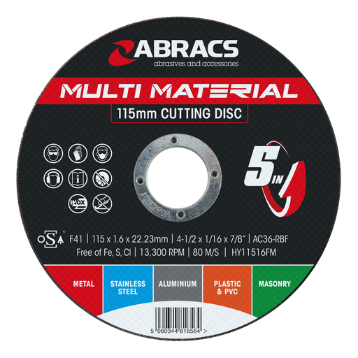 Abracs Multi-Material 5in1 Cutting Disc - in Tin, 115x1.6x22mm - Pack of 10, HY11516FM10