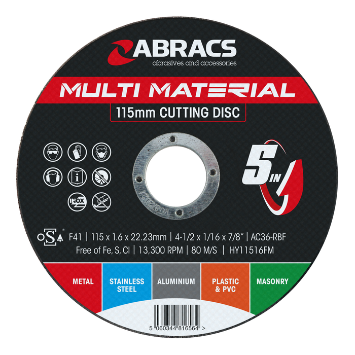Abracs Multi-Material 5in1 Cutting Disc - in Tin, 115x1.6x22mm - Pack of 10, HY11516FM10