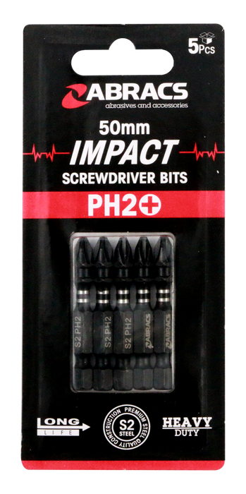 Abracs 50mm Impact S/D Bit - PH2 - 5(Pcs) Pack of 1, IPH25005