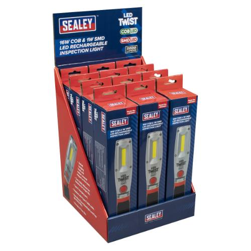 Sealey LED2001DB LED Twist Rechargeable Inspection Light 16W COB & 1W SMD LED - Display Box of 12