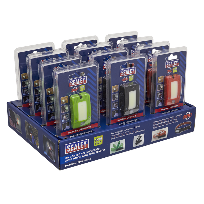 Sealey LED360HTDB Rechargeable Head Torch Auto-Sensor Black 2W COB LED Display Box of 12