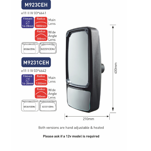 Manually Adjustable Heated Mirror Mirror, Class II & IV, 210mm x 400mm, Main lens R 1200mm & Wide angle R 300mm, Fits 16-28mm dia arm, Ashtree M9231CEH