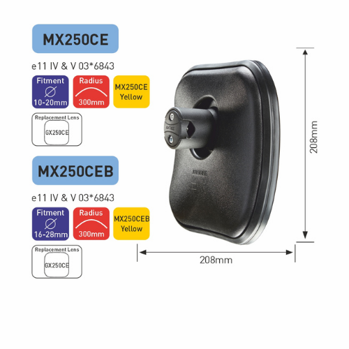 Wide Angle Mirror, Unbreakable Glass, Class IV & V, 208mm x 208mm, R 300mm, Fits 10 -20mm dia arm, Ashtree MX250CE