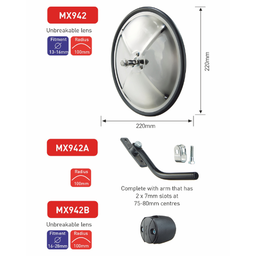Safety Mirror, Unbreakable Glass, 220mm x 220mm, R 100mm, Comes with arm for fitment, Ashtree MX942A
