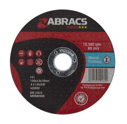 Abracs ProFlex Flat Metal Cutting Discs, 100mm x 3mm x 16mm - Pack of 25, PF10030FM
