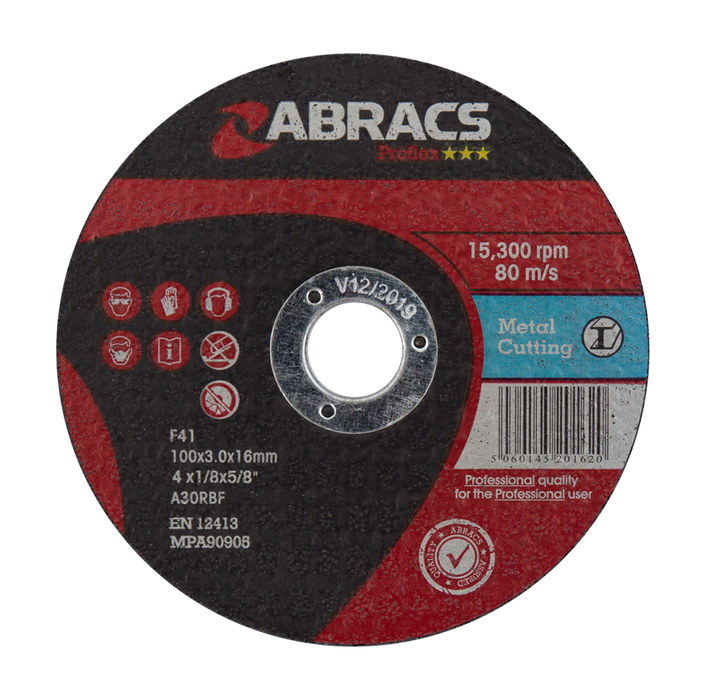 Abracs ProFlex Flat Metal Cutting Discs, 100mm x 3mm x 16mm - Pack of 25, PF10030FM