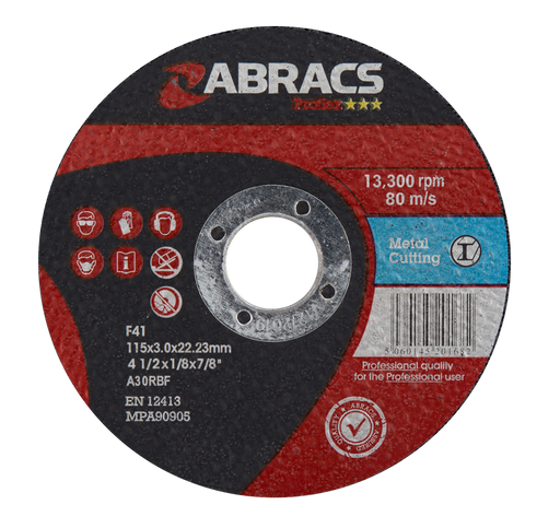Abracs ProFlex Flat Metal Cutting Discs, 115mm x 3mm x 22mm - Pack of 25, PF11530FM