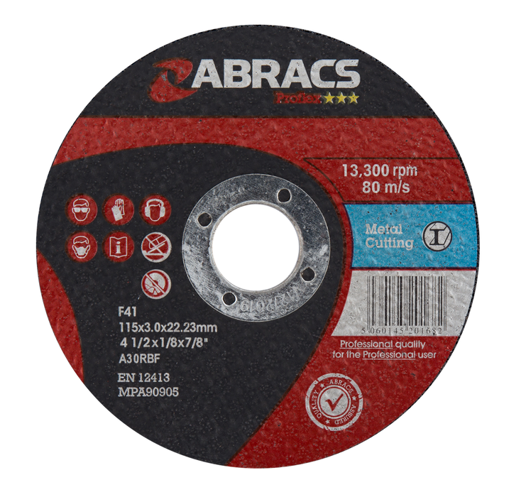 Abracs ProFlex Flat Metal Cutting Discs, 115mm x 3mm x 22mm - Pack of 25, PF11530FM