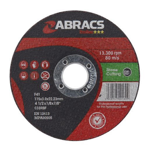 Abracs ProFlex Flat Stone Cutting Discs, 115mm x 3mm x 22mm - Pack of 25, PF11530FS