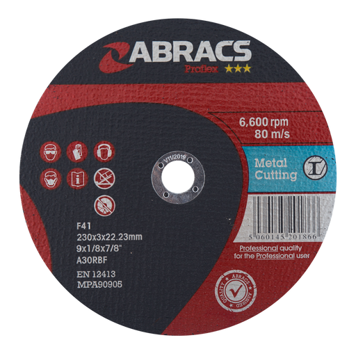 Abracs ProFlex Flat Metal Cutting Discs, 230mm x 3mm x 22mm - Pack of 25, PF23030FM