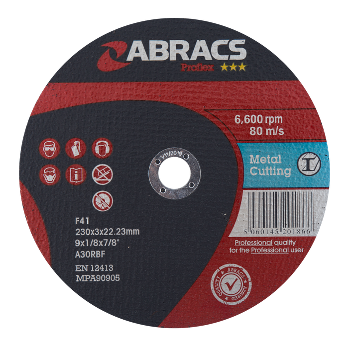 Abracs ProFlex Flat Metal Cutting Discs, 230mm x 3mm x 22mm - Pack of 25, PF23030FM