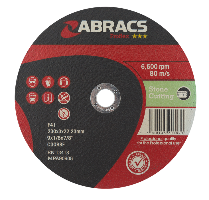 Abracs ProFlex Flat Stone Cutting Discs, 230mm x 3mm x 22mm - Pack of 25, PF23030FS