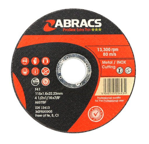 Abracs ProFlex Extra Thin Inox Cutting Discs, 115mm x 1.6mm - Pack of 100, PFET11516FI