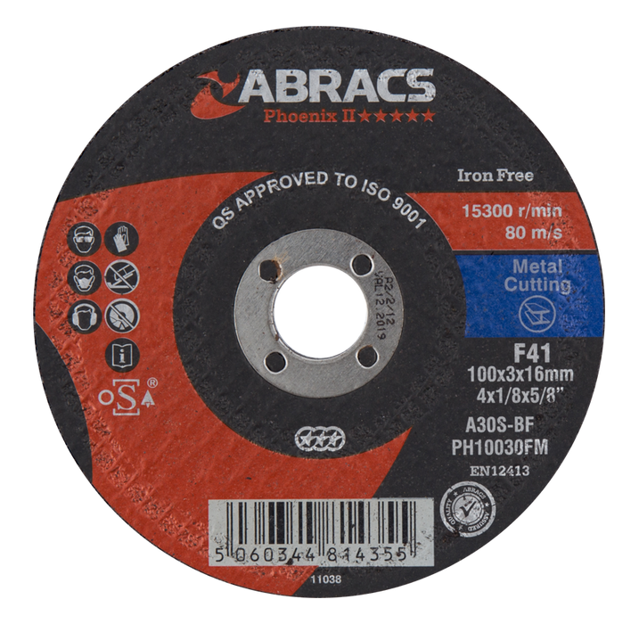 Abracs Phoenix II Flat Metal Cutting Discs, 100mm x 3mm x 16mm - Pack of 25,PH10030FM
