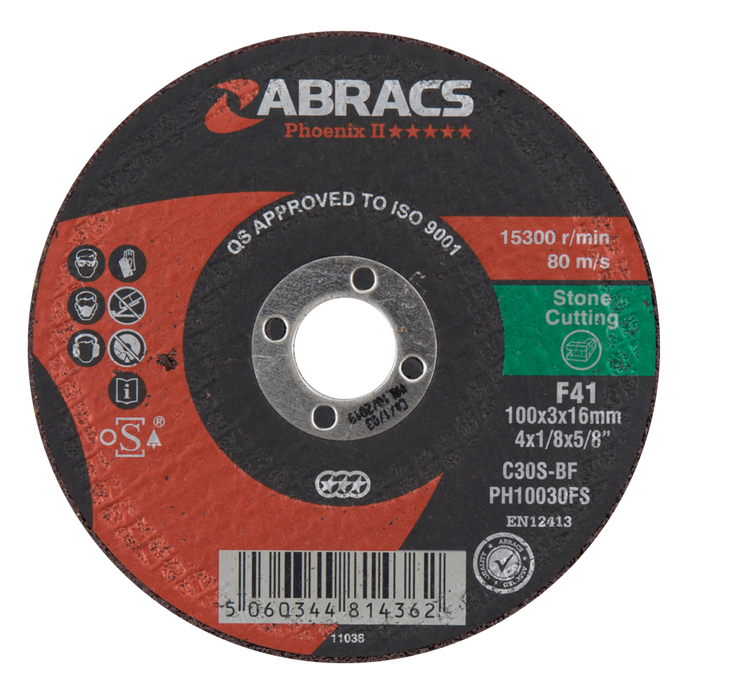 Abracs Phoenix II Flat Stone Cutting Discs, 100mm x 3mm x 16mm - Pack of 25,PH10030FS