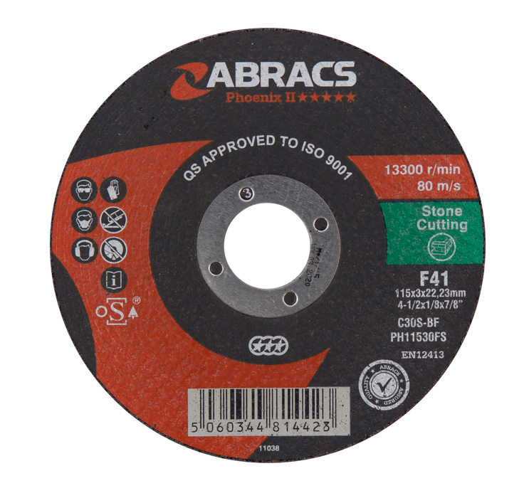 Abracs Phoenix II Flat Stone Cutting Discs, 115mm x 3mm x 22mm - Pack of 25, PH11530FS