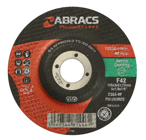 Abracs Phoenix II DPC Stone Cutting Discs, 125mm x 3mm x 22mm - Pack of 25, PH12530DS