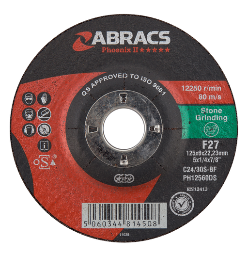 Abracs Phoenix II DPC Stone Grinding Discs, 125mm x 6mm x 22mm - Pack of 10, PH12560DS