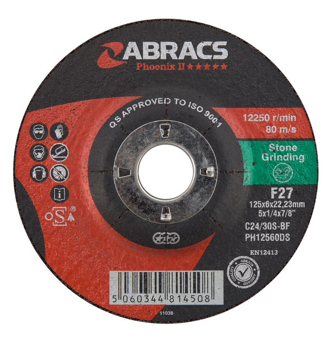 Abracs Phoenix II DPC Stone Grinding Discs, 125mm x 6mm x 22mm - Pack of 10, PH12560DS
