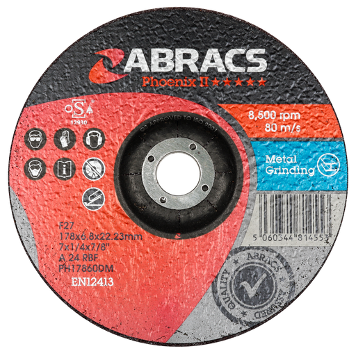 Abracs Phoenix II DPC Metal Grinding Discs, 178mm x 6mm x 22mm - Pack of 10, PH17860DM