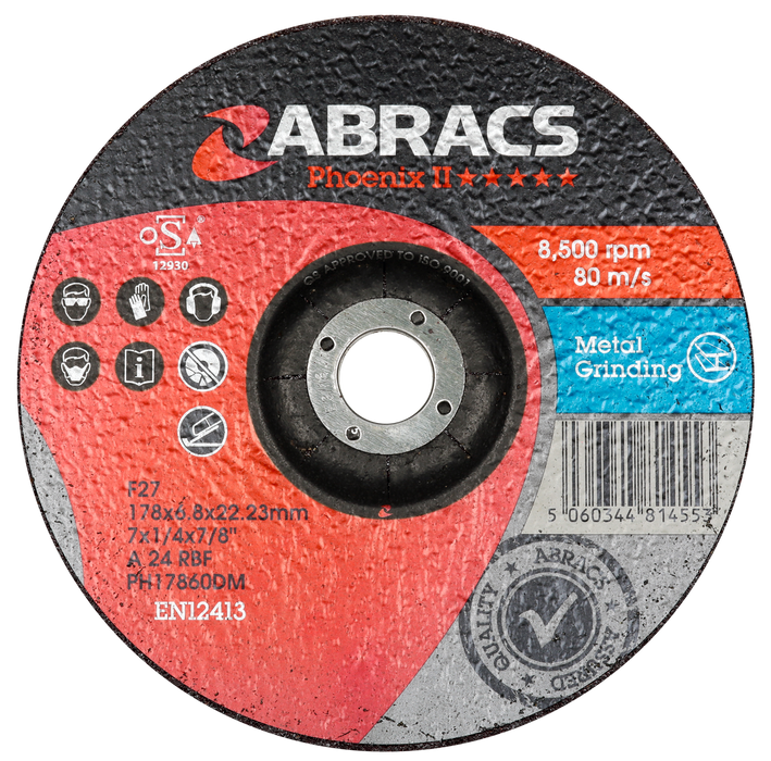 Abracs Phoenix II DPC Metal Grinding Discs, 178mm x 6mm x 22mm - Pack of 10, PH17860DM