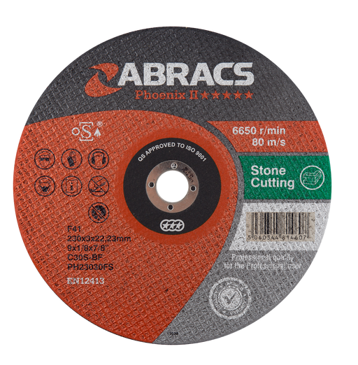 Abracs Phoenix II Flat Stone Cutting Discs, 230mm x 3mm x 22mm - Pack of 25, PH23030FS