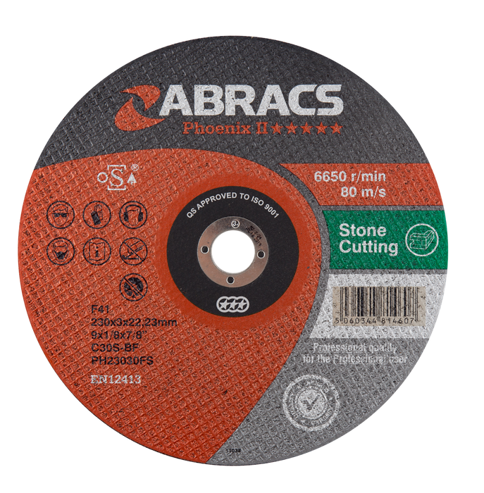 Abracs Phoenix II Flat Stone Cutting Discs, 230mm x 3mm x 22mm - Pack of 25, PH23030FS