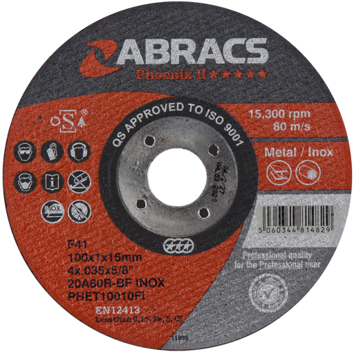 Abracs Cutting Discs Phoenix Extra Thin, 100mm x 1.0mm x 16mm - Pack of 50, PHET10010FI