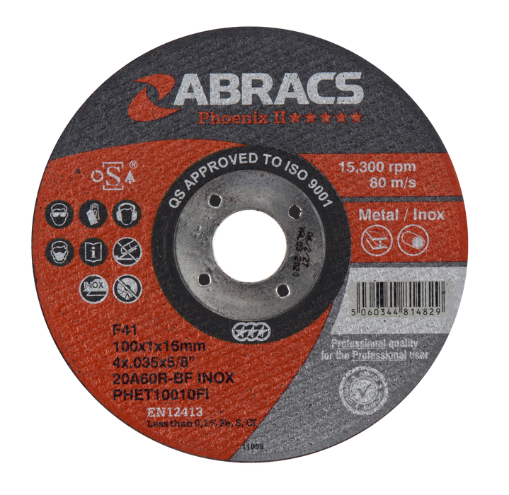 Abracs Phoenix Extra Thin Cutting Discs, 100mm x 1.6mm x 16mm - Pack of 50, PHET10016FI
