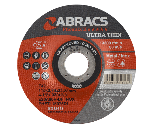 Abracs Phoenix Ultra Thin Cutting Discs, 115mm x 0.75mm x 22mm - Pack of 50, PHET115075DI
