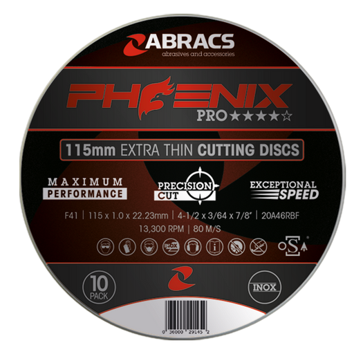Abracs Phoenix Extra Thin Cutting Discs - Tins of 10, 115mm x 1.0mm x 22mm, PHET11510FIT