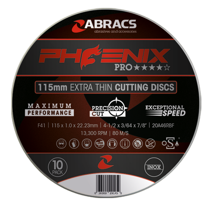 Abracs Phoenix Extra Thin Cutting Discs - Tins of 10, 115mm x 1.0mm x 22mm, PHET11510FIT