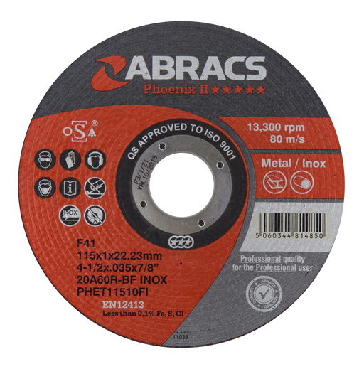 Abracs Phoenix Extra Thin Cutting Discs, 115mm x 1.0mm x 22mm - Pack of 25, PHET11510FI1000
