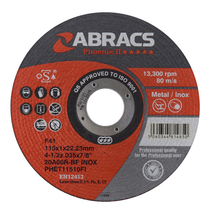 Abracs Phoenix Extra Thin Cutting Discs, 115mm x 1.0mm x 22mm - Pack of 25, PHET11510FI1000