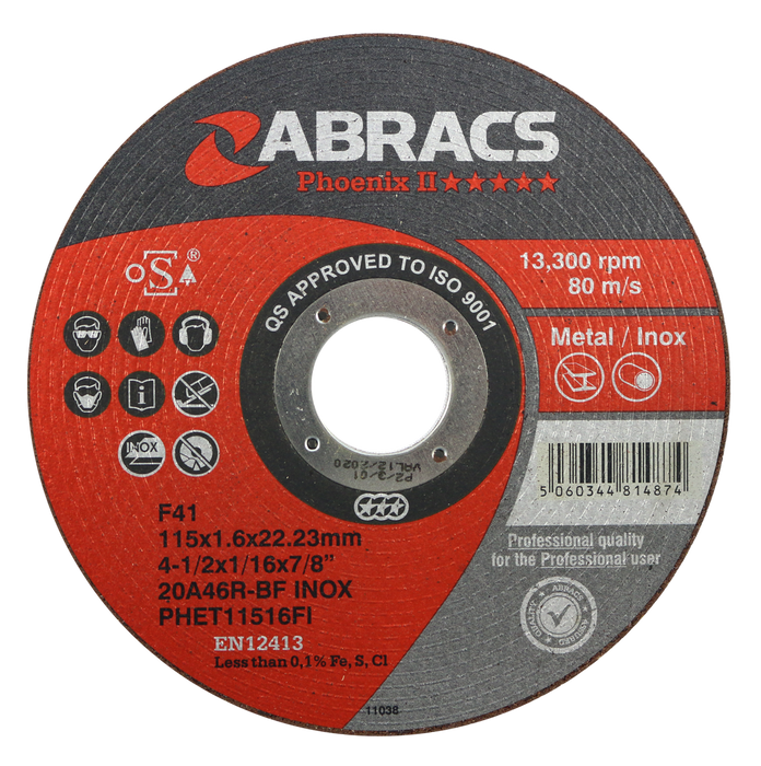 Abracs Phoenix Extra Thin Cutting Discs, 115mm x 1.6mm x 22mm - Pack of 25, PHET11516FI