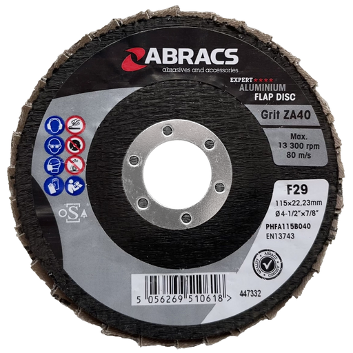 Abracs Aluminium Flap Discs 115mm x 22mm x 40g - Pack of 25, PHFA115B040
