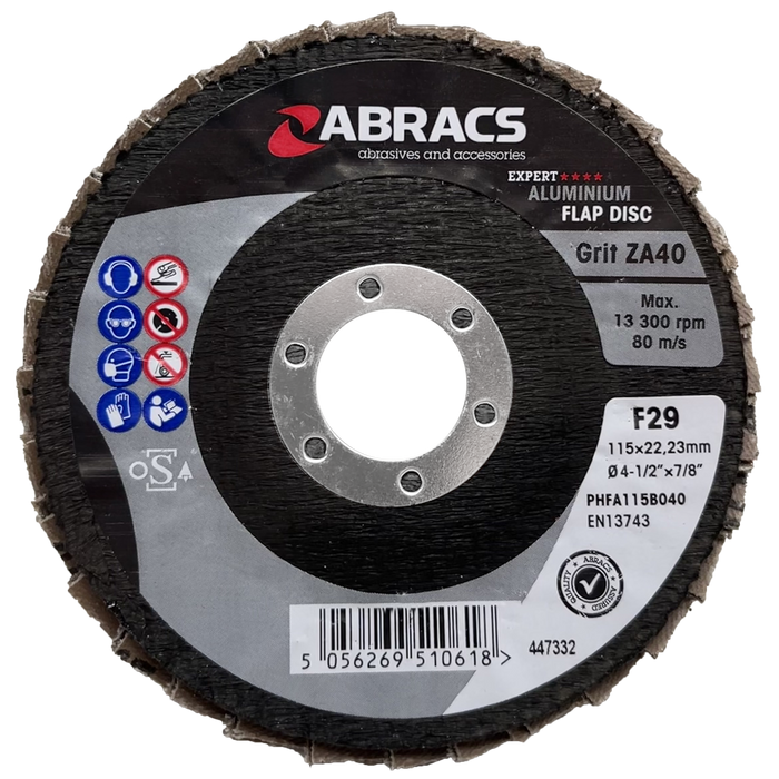 Abracs Aluminium Flap Discs 115mm x 22mm x 40g - Pack of 25, PHFA115B040