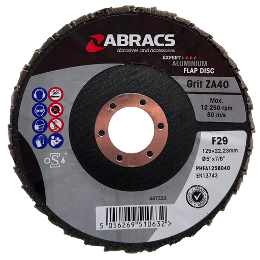 Abracs Aluminium Flap Discs 125mm x 22mm x 40g - Pack of 25, PHFA125B040